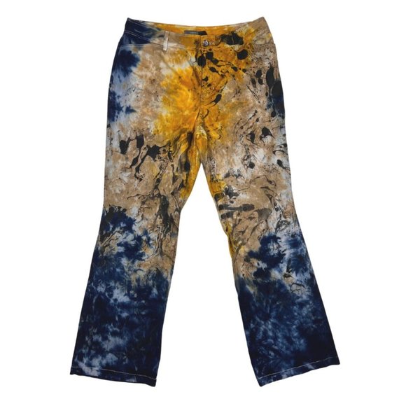 Custom Yellow, Brown & Blue Tie Dye & Marble Painted Flare Statement Pants - Picture 1 of 4